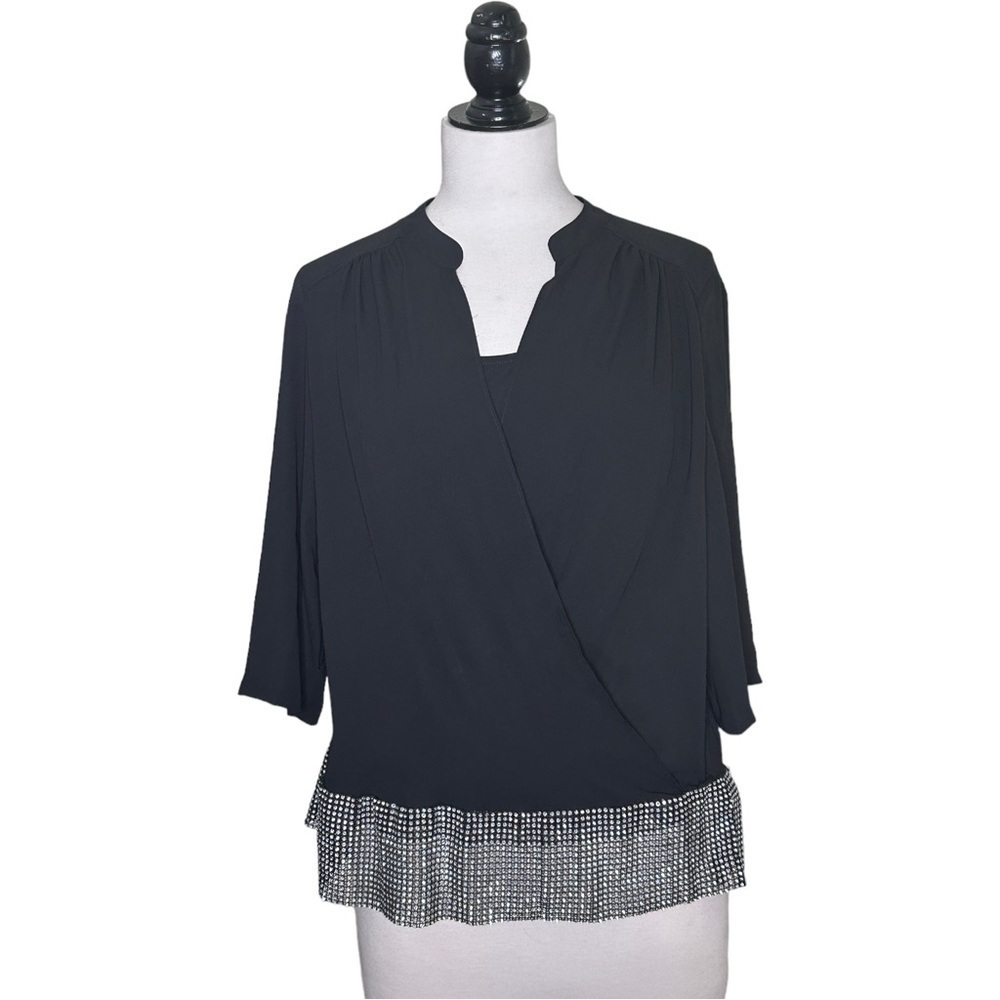 BCBGMAXAZRIA Mesh Crystal Studded Hem Faux Wrap 3/4 Sleeve Popover Top M